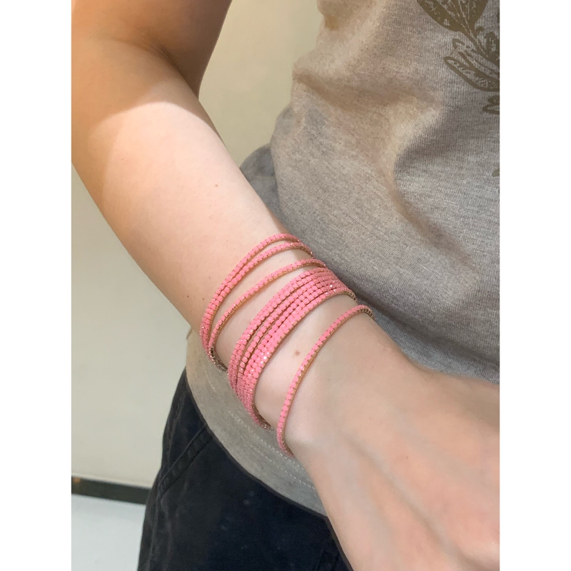 Peach Pink Fine Circle Multi-Row Rhinestone Elastic Bracelet 2026 New Sweet Cool Girl Style Date Commute Shiny Jewelry