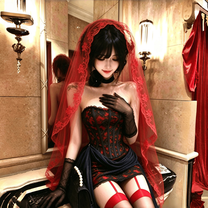 Scarlet Demon* Halloween Outfit Dark Gothic Veil Ghost Bride Cosplay Suspender Dress Set Qqny