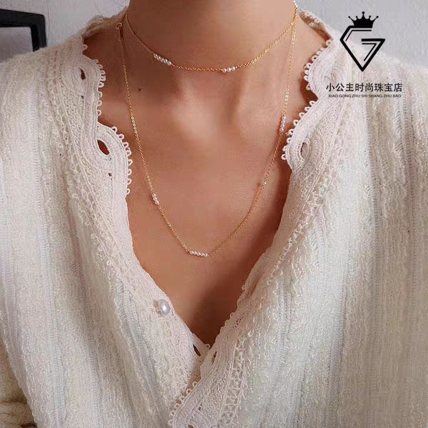 Latest in French style natural pearl Gentle Temperament Lock Bone Necklace 14k Gold Jane about 100 lap double layer sweater necklace