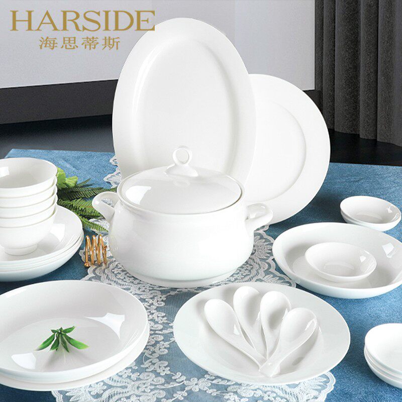 High value creative bone china pure white tableware dishes set high-end household ceramic dishes under the glaze gift simple