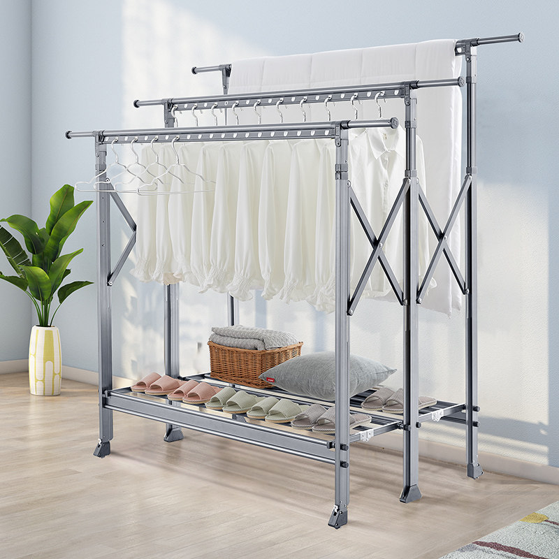 Drying rack floor folding double-rod stretched drying toilet cooler household mobile balcony drying artifact