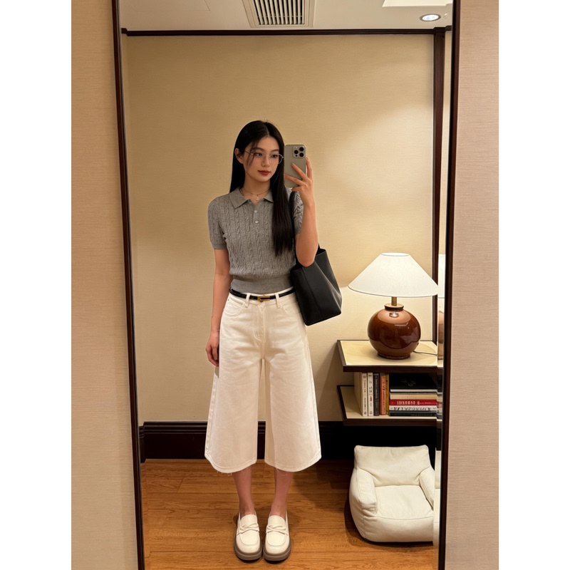 American-Style White Loose-Fitting Cropped Jeans for Women, 2026 Summer New High-Waisted Versatile Wide-Leg Mid-Length Pants