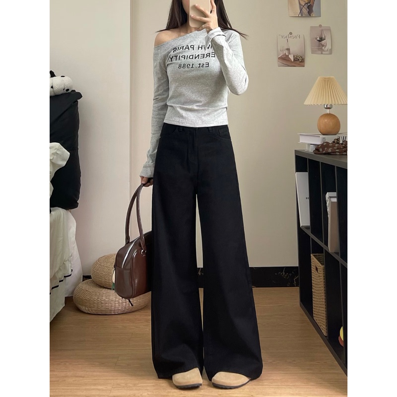 Black Wide-Leg Jeans for Petite Figures, 2026 New High-End Style with a Draping Effect, High-Waisted Floor-Length Pants for Autumn and Winter Black Wide-Leg Jeans for Petite Figures, 2026 New High-End Style with a Draping Effect, High-Waisted Floor-Length Pants for Autumn and Winter