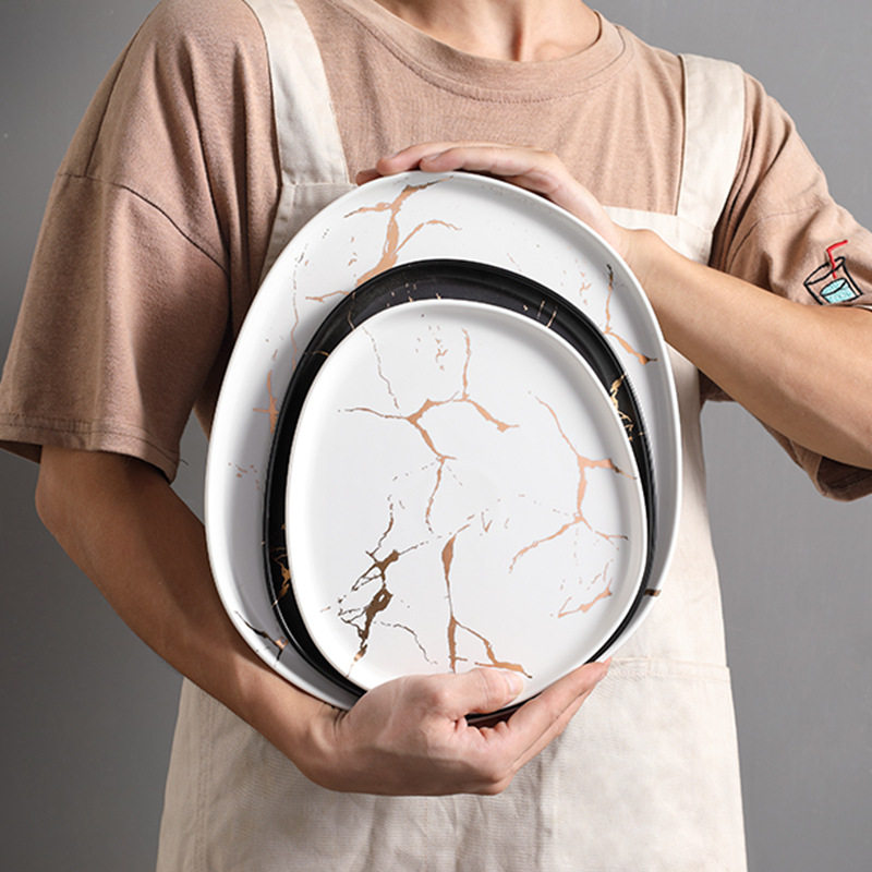 Minima Nordic creative matt matte matte matte marble veins gold ceramic Alien dish Pizza Dish Bull Platoon Flat Pan