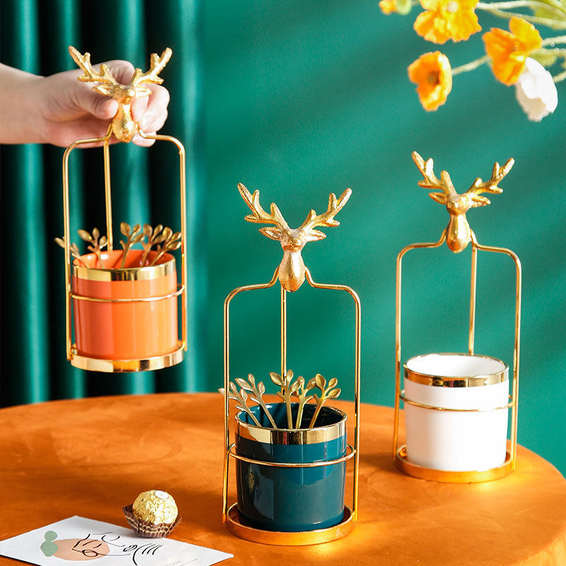 Nordic metal elk-shaped handle ceramic fruit fork and spoon placing jar home hotel dessert cake fork jar