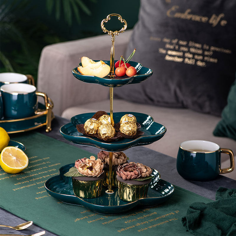 Nordic Simple Peacock Green Tea Snacks Sensitive Plate Handicrafts Gilded Double-layer Cake Fruit Tray