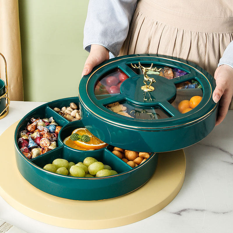 Nordic Elk Deer Ceramic Home Multilayer split Candy Dry Fruit Pan Case Snack Nut Containing Case Double with lid