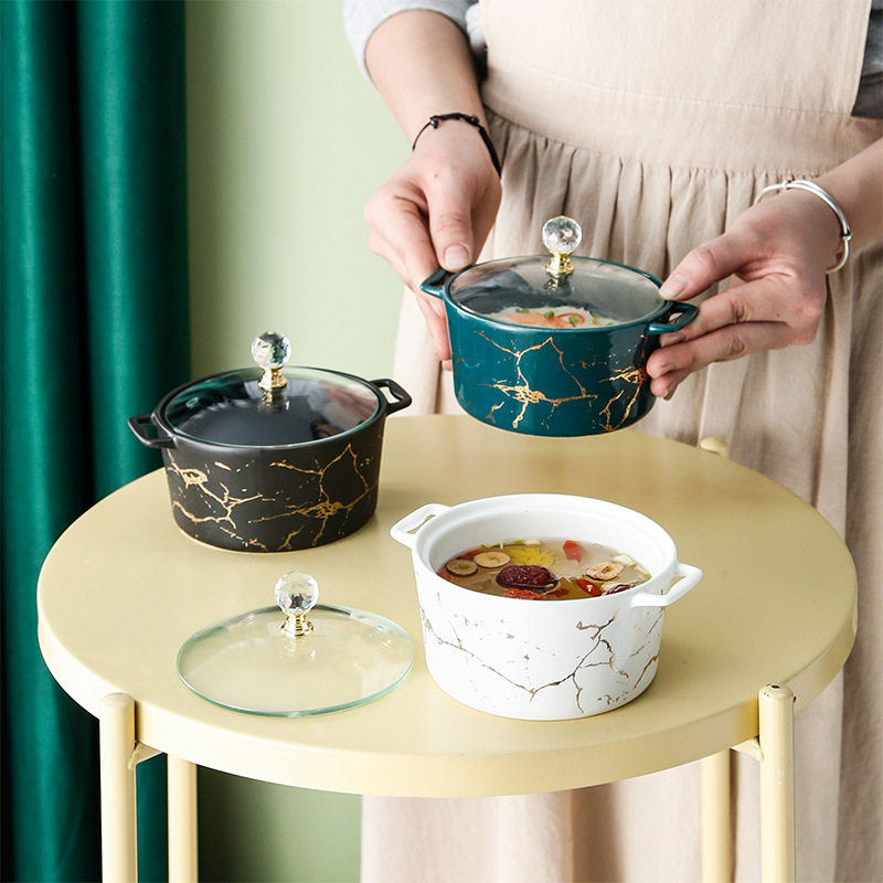 Nordic gold pattern ceramic small stew cup round household bird's nest cup amphora water stew pot with glass lid stew bowl