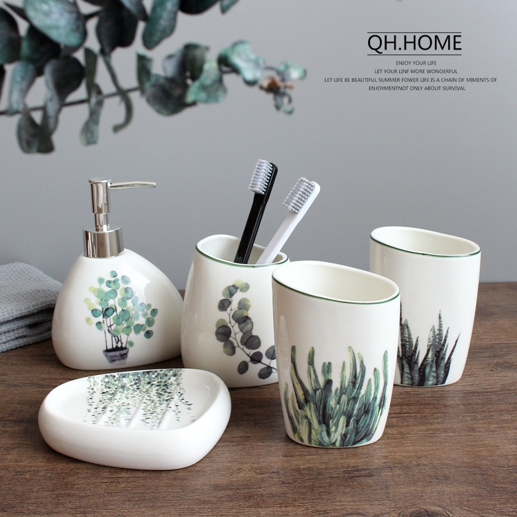 Bathroom Five-Piece Set, Nordic Green Plant Ceramic Six-Piece Toiletry Set, Bathroom Supplies Set, Wedding Toiletry Set