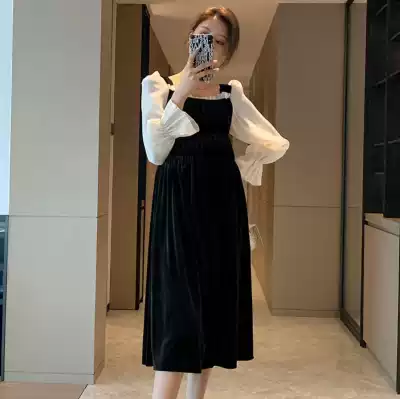 Pregnant women's dress Net red spring and autumn fashion thin pregnant women's hot ladies ladies gold velvet long sleeve dress