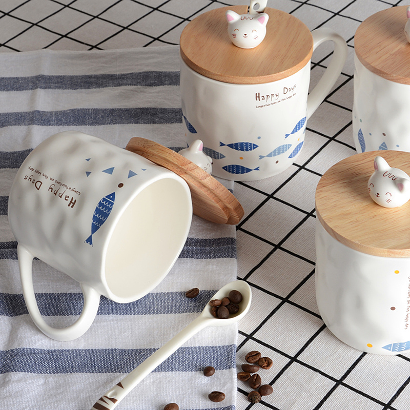 Creative Day Style Kittens Mark Ceramic Mug Cartoon With Spoon With Lid Breakfast Milk Creative Water Glass