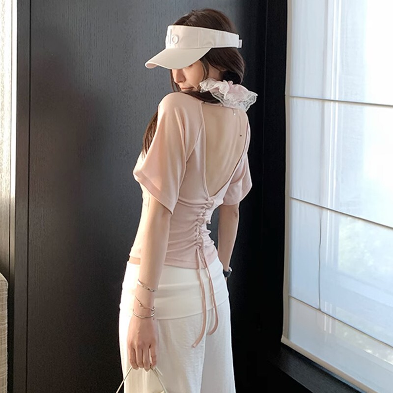 Fashionable Design, Lace-Up Waist-Cinching Short-Sleeved T-Shirt for Women, New Summer Style, Korean Style, Large Backless, Figure-Flattering, Chic Top