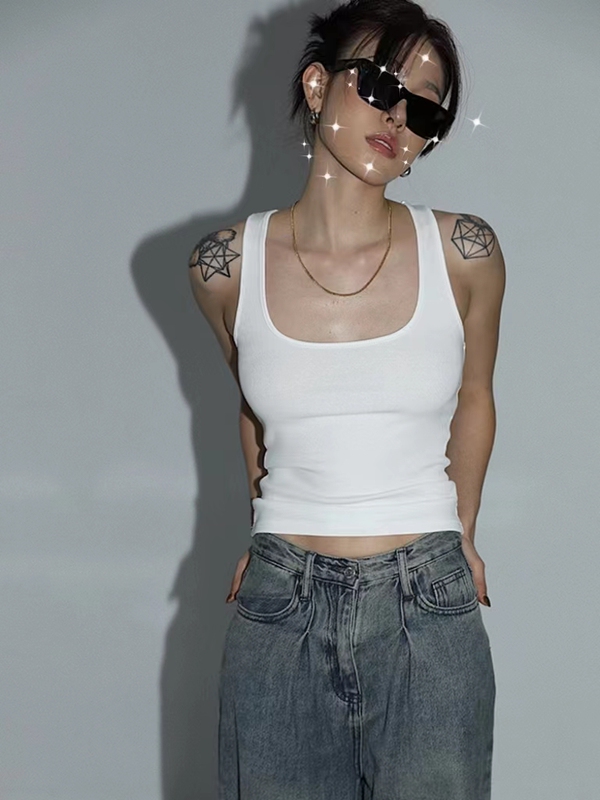 American Retro Wide-Strap Tank Top for Women, Summer White High-Elasticity, Side Breast-Covering Camisole, Basic Sleeveless Inner Top