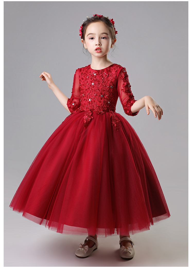 Trẻ em váy công chúa váy cô gái lông bông gạc cưới rượu vang đỏ váy nhỏ hoa cô gái chủ nhà trang phục piano mùa thu váy biểu diễn cho trẻ em