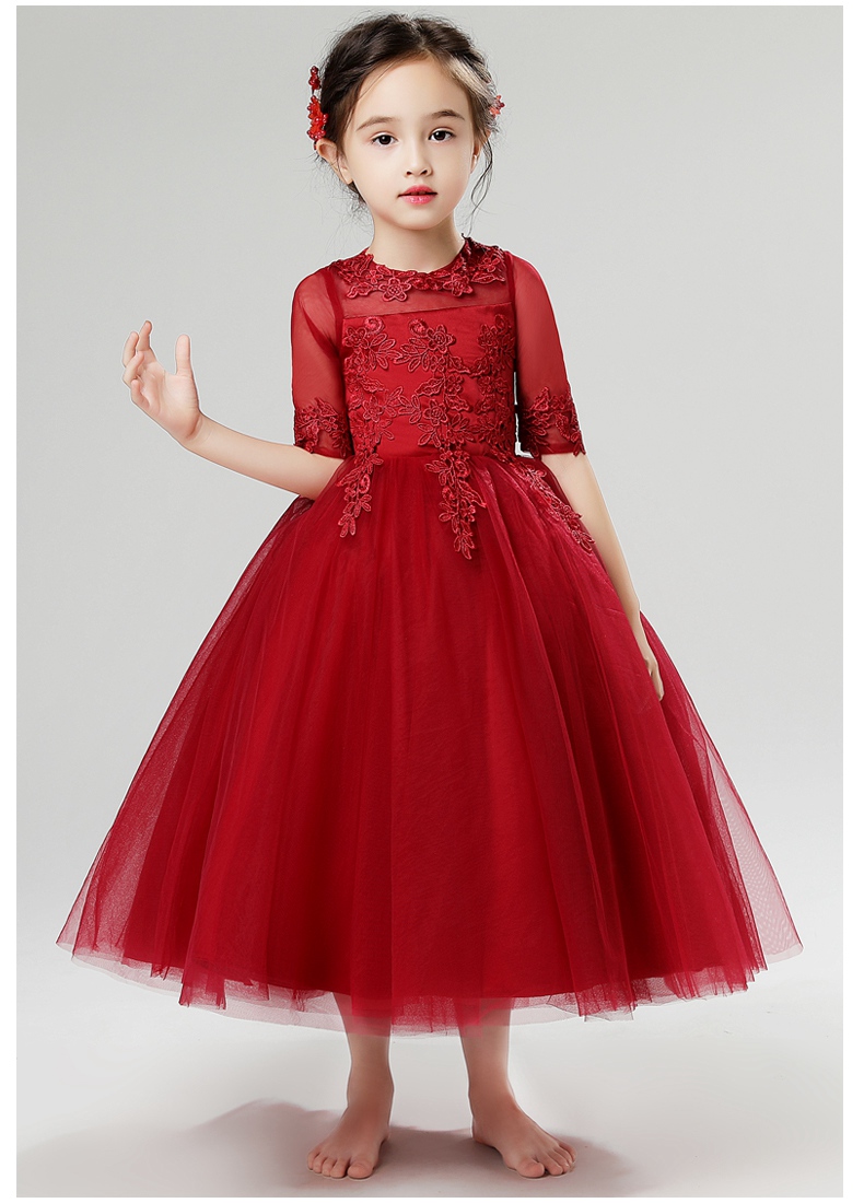 Váy trẻ em váy cô gái công chúa váy cưới tutu rượu vang đỏ dài hoa cô gái máy chủ đàn piano trang phục đồ bộ bé trai