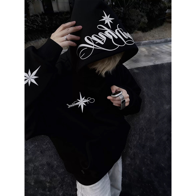 American High Street Polaris Letter Embroidered Hooded Sweatshirt for Men, Autumn and Winter Fleece-Lined Loose Design Couple Style Jacket