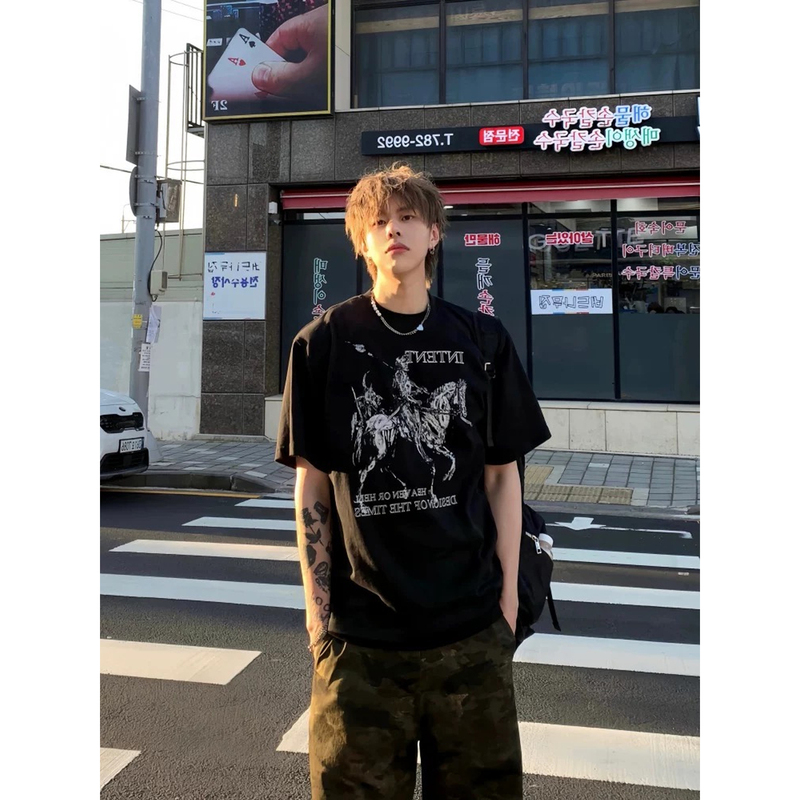 American-Style Cool Dark Fashion T-Shirt for Men, Summer American Retro Motorcycle and Horse Print, Loose Pure Cotton Short-Sleeve Top