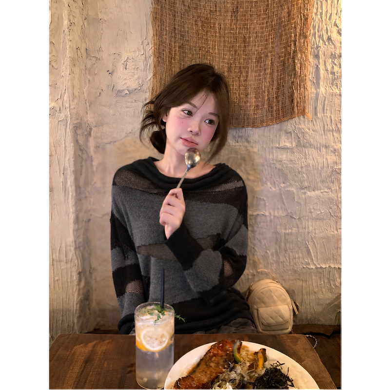 Chuqing Independent 2026 Early Autumn Korean Style Lazy Black Mesh Knit Top for Women, Hollow Out See-Through Loose Top Chuqing Independent 2026 Early Autumn Korean Style Lazy Black Mesh Knit Top for Women, Hollow Out See-Through Loose Top