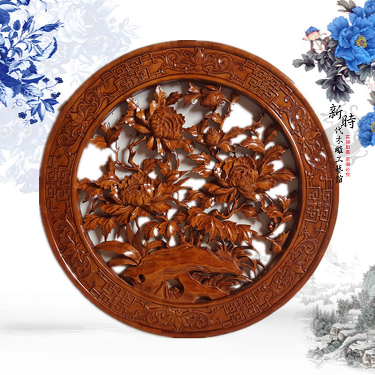 Dongyang wood carving camphor wood round pendant solid wood ornaments living room home Chinese decoration antique carving wall hanging