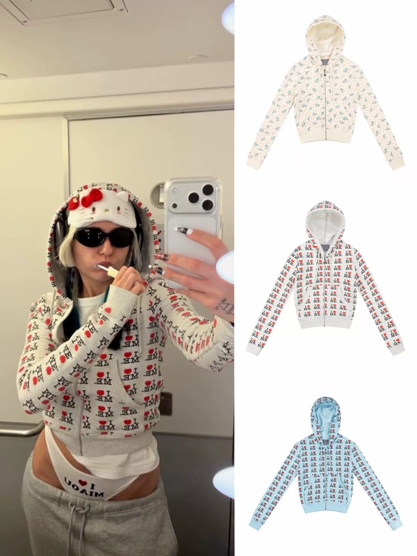 * LAOSHU Version* Niche Brand Illit's Same Style Ashley Cute All-Over Print Slim-Fit Hooded Sweatshirt Jacket