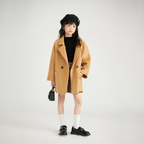 Childrens cashmere woolen coat 2024 autumn and winter new double-sided 100% woolen coat mid-length for boys and girls