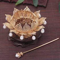 Hanfu ancient style crown two-layer three-dimensional Lotus Crown female jewelry Ming accessories pearl hair hairpin hair hair accessories