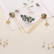 Ancient style Wei Jin burning blue headdress ancient costume Hanfu step tassel cloisonne hair hairpin hair crown set