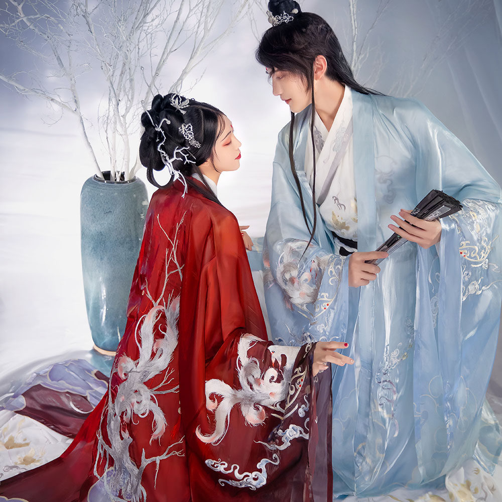 Original Design of Falling Flower Notes Hanfu (Lucky Fox) Printed Basket Sea Color Big Sleeve Shirt Embroidery