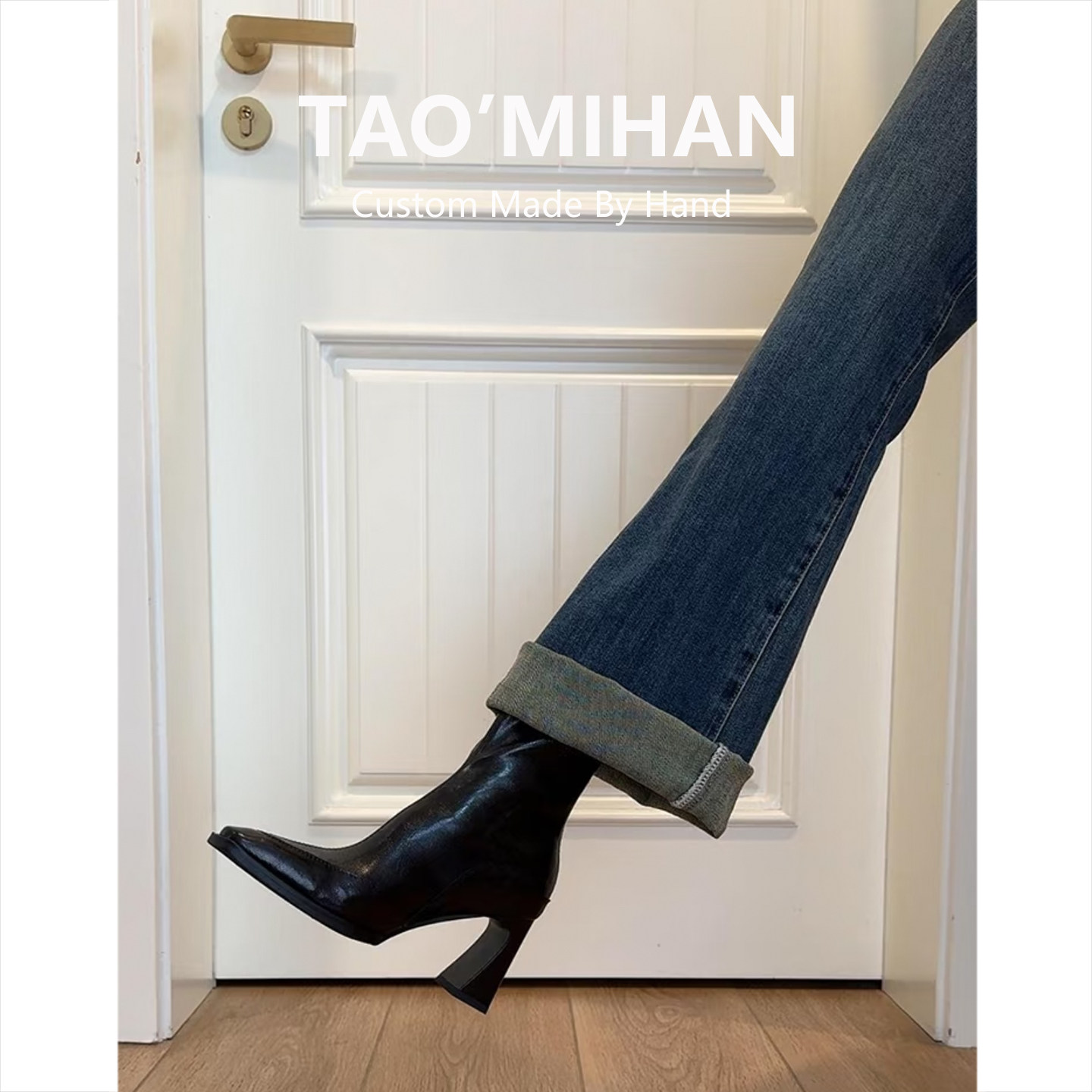 真皮高跟鞋短靴女2025秋冬季新款方头马丁靴黑色加绒粗跟瘦瘦靴子 4