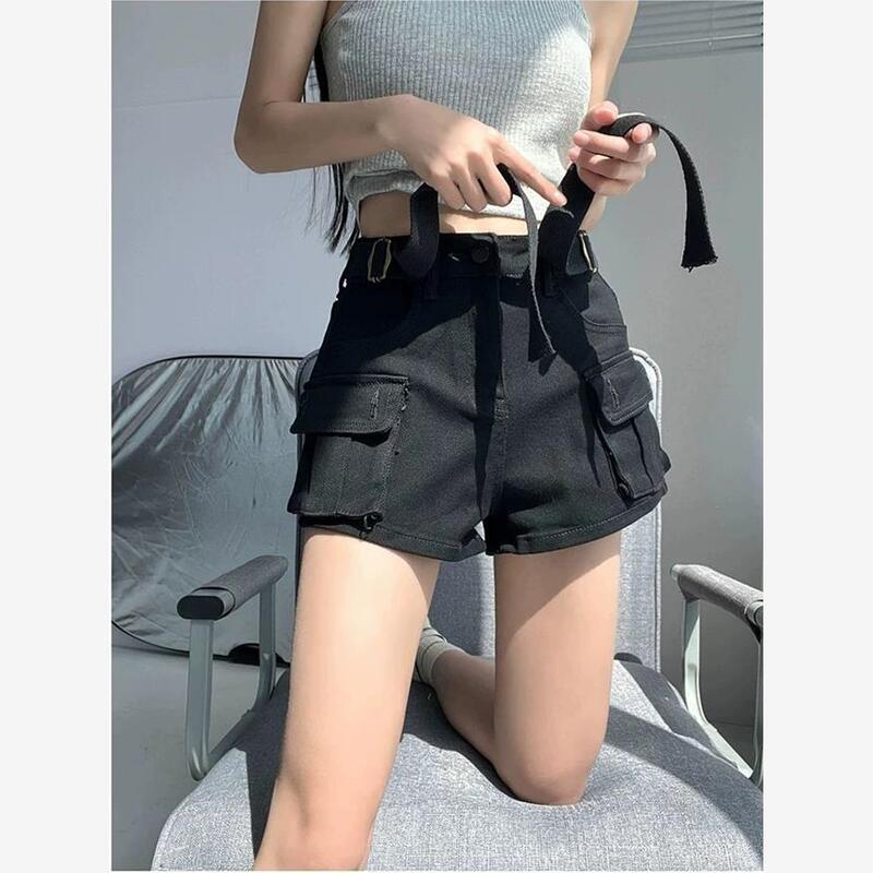 American-Style Cool Girl Workwear Large Pocket Belt Design Black Denim Shorts Summer New Slim-Fit Hot Pants