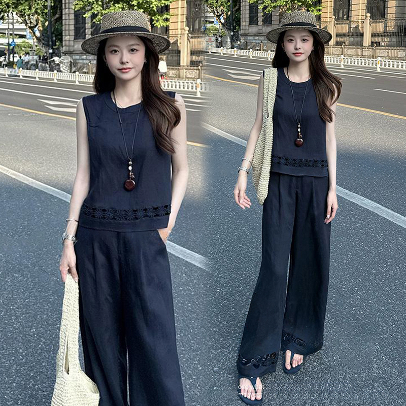 Fashionable Women's Suit 2025 Summer New Stylish Sleeveless Vest Top High-Waisted Wide-Leg Pants Two-Piece Set Trendy