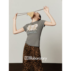 Zhou Liwu/Gray and Pink Leopard Print T-Shirt for Women 2026 Summer New Slim Fit High-End Short Sleeve