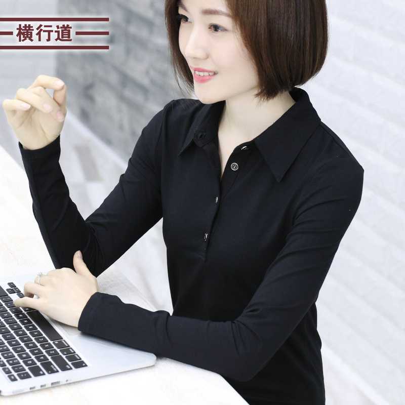 Black Women's Spring and Autumn Slim-Fit Stylish Top with Collar, Turn-Down Collar Shirt, Modal T-Shirt, Long-Sleeve Base Shirt for Women