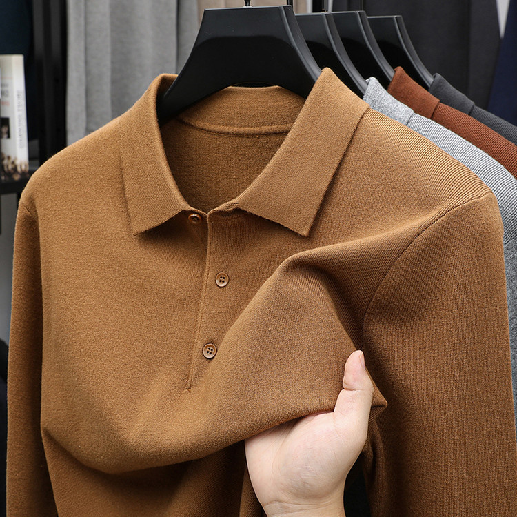Business Polo Collar Wool Sweater Men's Knitted Pullover with Long Sleeves, Solid Color Autumn New Style Sweater