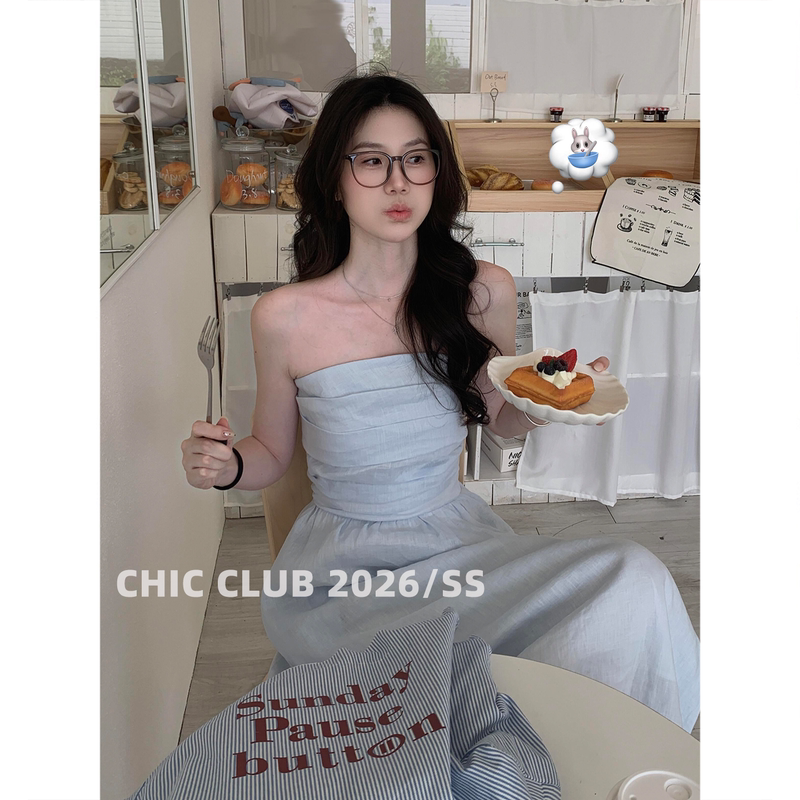 Chic Club 2026/Ss Summer Vacation Style Design Pleated Tube Top Dress Slimming Slit Long Skirt