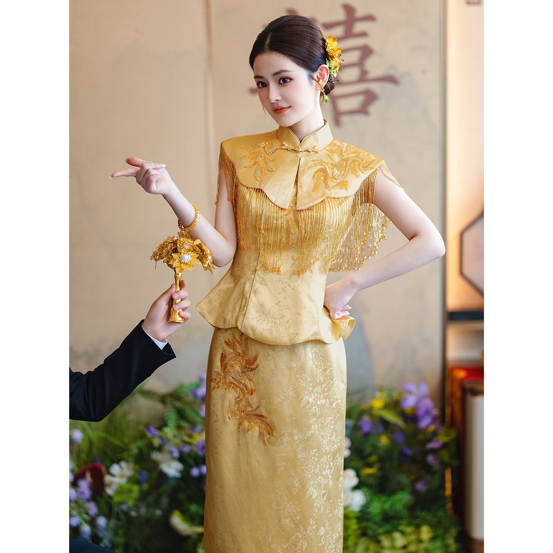 New Chinese-Style Heavy Embroidery Cheongsam Engagement Dress Gold Toast Dress Bride Wedding Tassel Suit High-End Feel New Chinese-Style Heavy Embroidery Cheongsam Engagement Dress Gold Toast Dress Bride Wedding Tassel Suit High-End Feel