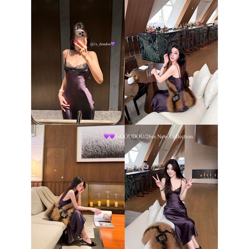 1Sdoudou Doudoujiang [Scarlett] Purple Lace Satin Dress Slimming Backless Slim Fit Slip Dress