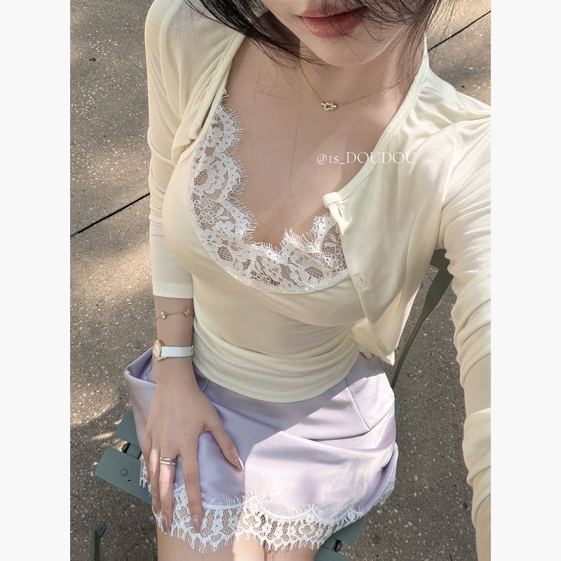 1Sdoudou Doudoujiang [Lace Secret Language] Lyocell Fake Two-Piece Cardigan T-Shirt Lace Patchwork Top for Women