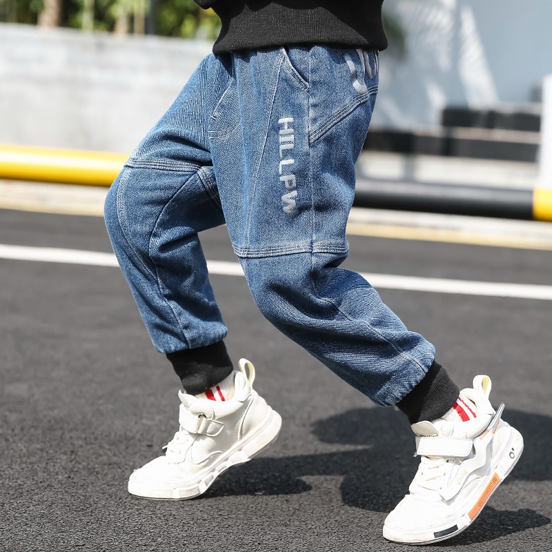 Boy jeans 2021 new autumn and winter clothing Han version pants CUHK Tong Casual Bungling Pants Boy Long Pants Thickened