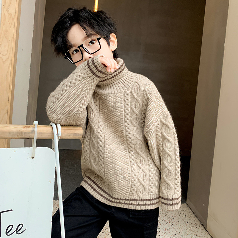 Boys sweater pullover plus velvet thick autumn and winter clothing 2022 new children's middle and big children Korean version of the Western style high collar children's clothing