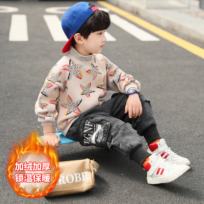 Boys' autumn and winter clothes thickened 2021 new thick cotton T suit children's middle and big children plus velvet fashion trend two-piece suit