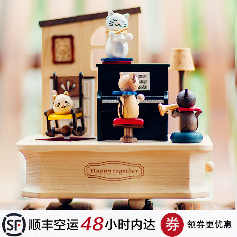 Jeancard Music Box Cat Plays the Piano Wooden Music Box as a Birthday Gift for Girlfriends and Lovers