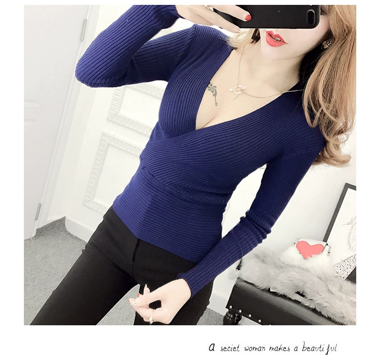 Thấp cổ mỏng-vừa vặn gợi cảm áo sơ mi nữ thu đông dài tay bó sát dệt kim trên cùng áo len cổ chữ v ngắn chéo sơ mi nữ