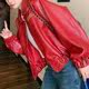 Red French sheepskin jacket spring and autumn high-end design Hong Kong style retro chic motorcycle bomber jacket