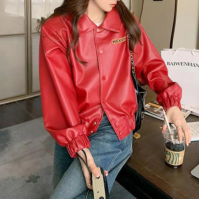 Red French sheepskin jacket spring and autumn high-end design Hong Kong style retro chic motorcycle bomber jacket