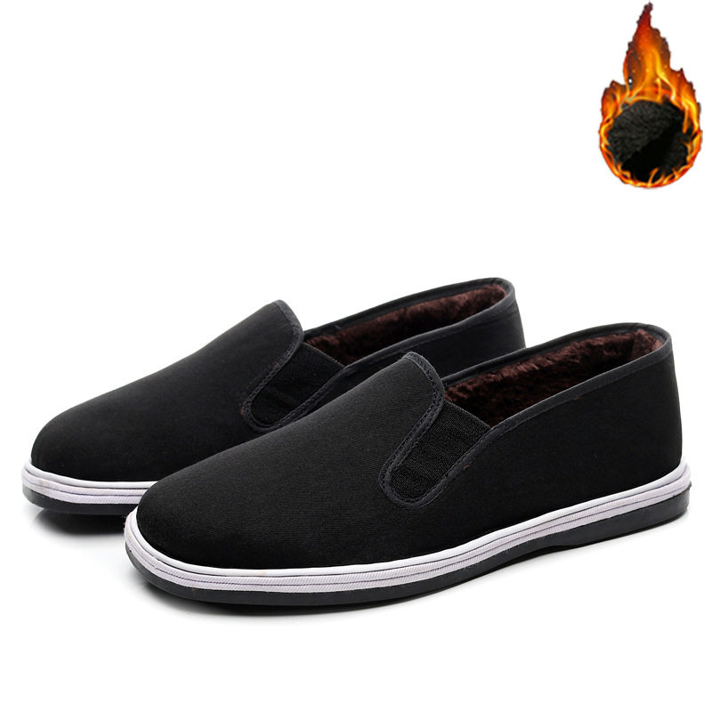 Winter old Beijing cloth shoes men's warm plus velvet cotton shoes non-slip wear-resistant black cloth shoes handmade lasagna bottom loafer shoes
