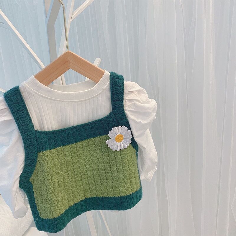 Han version of children's clothing girl vest small daisy knit harness waistcoat outside wearing spring and autumn infant baby polo wool