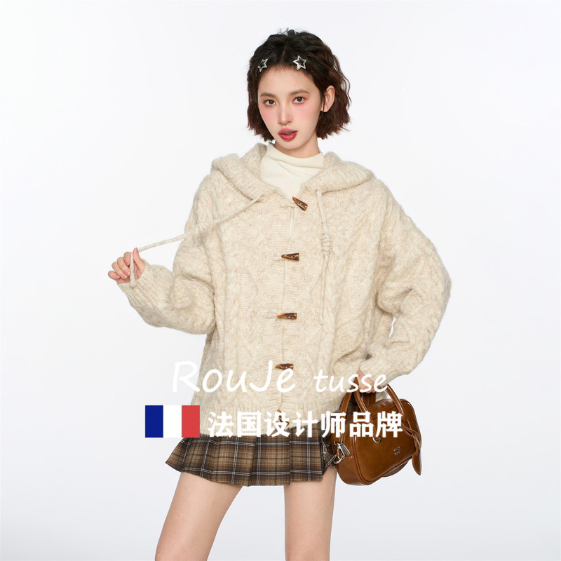 Rouje Tusse Horn Button Hooded Cashmere Sweater Cardigan for Women, Autumn and Winter Loose and Lazy Style Wool Knitwear
