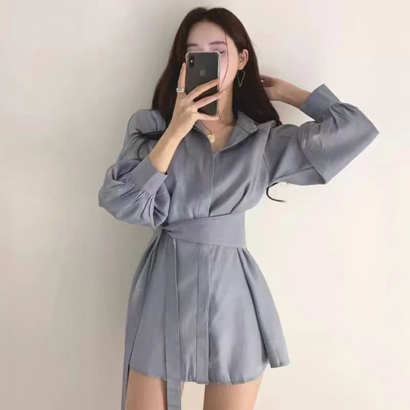 Hong Kong Style Retro Chic Tie-Waist Shirt for Women, New Spring and Autumn Mid-Length Lantern Sleeve Loose Casual Shirt Dress