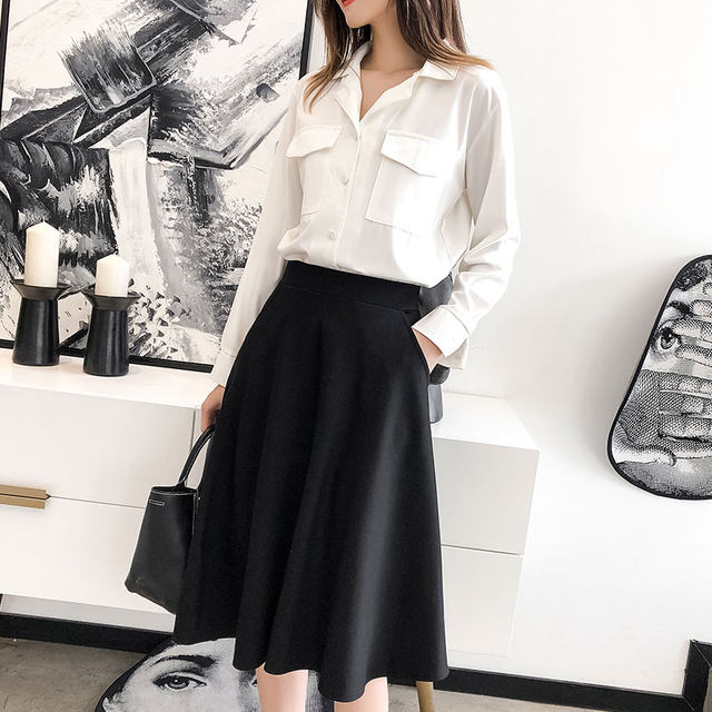 Hepburn style A-line mid-length over-the-knee umbrella skirt 2023 high-waist professional little black dress fashion all-match big swing skirt